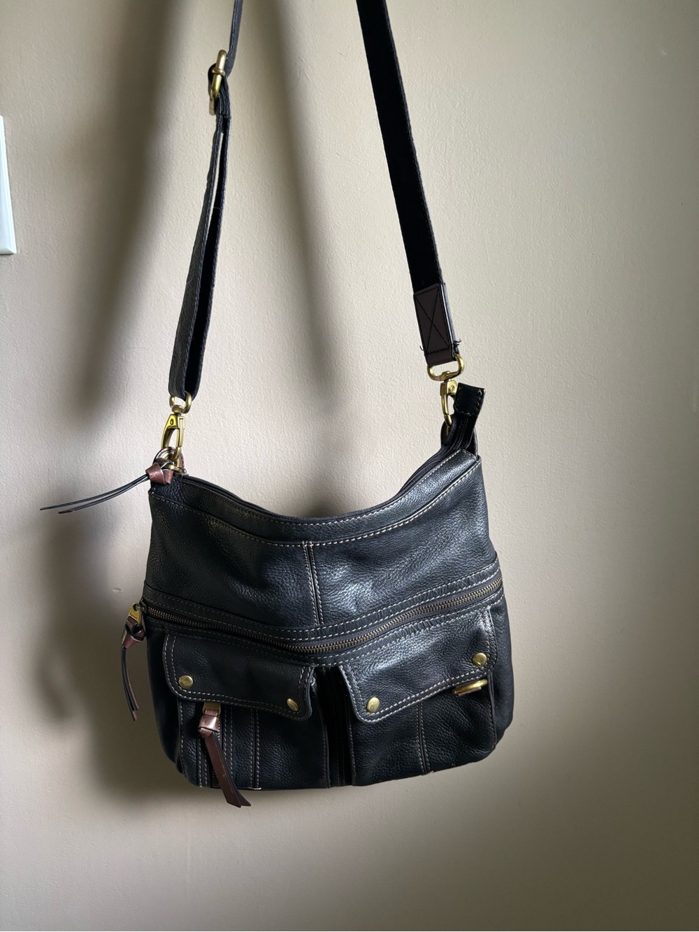 Roots Black Leather Shoulder/Crossbody Bag with Gold Hardware